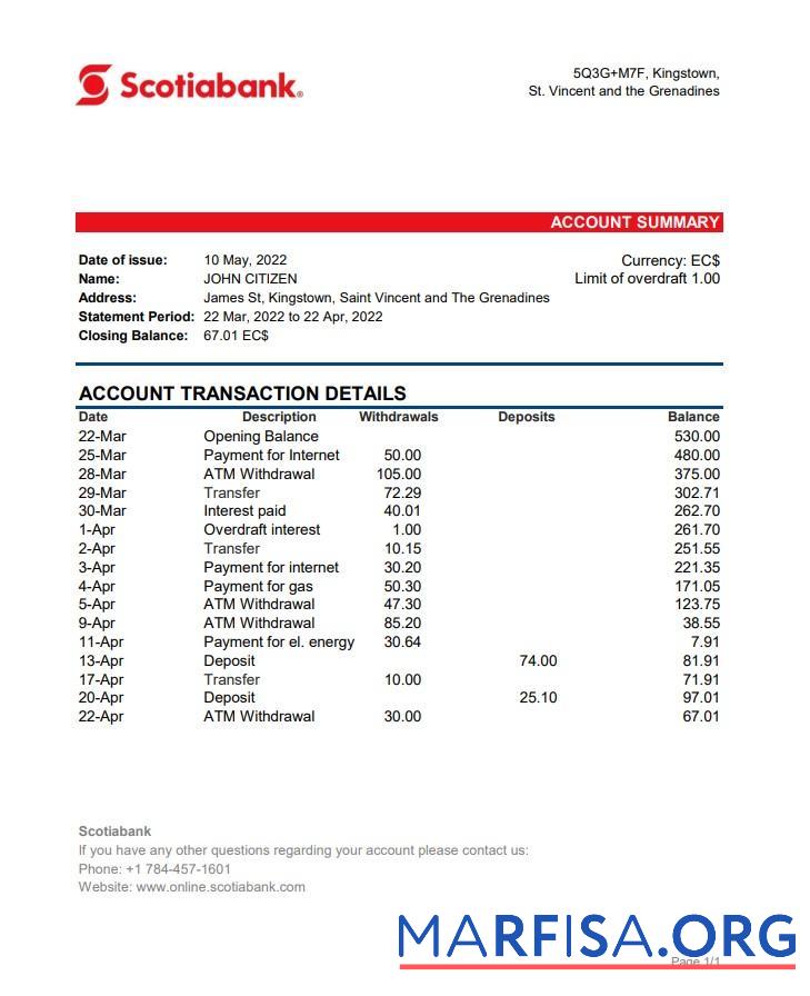 Realistic Saint Vincent and The Grenadines Scotiabank bank statement excel sample